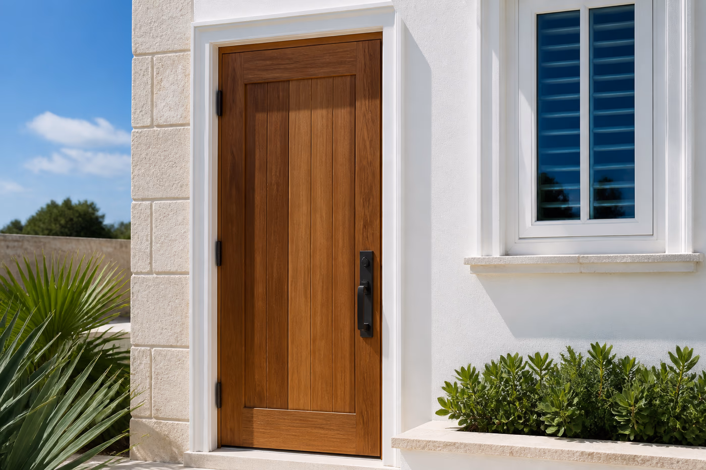 Crafted timber exterior door on a Bermuda property